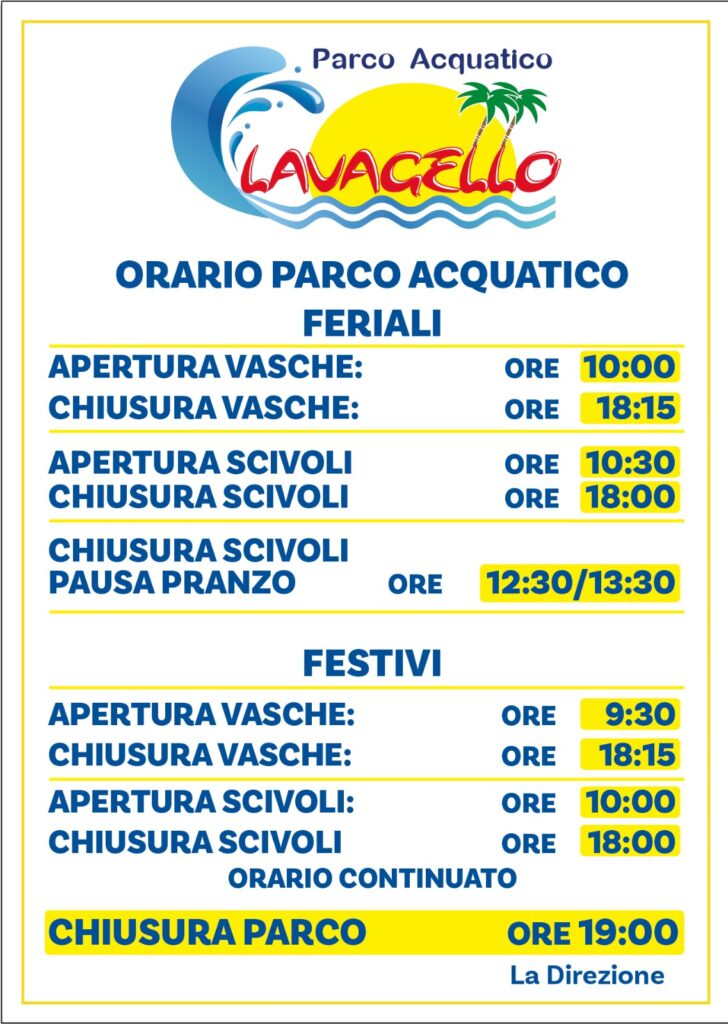 Cartellone orari Parco Acquatico Lavagello