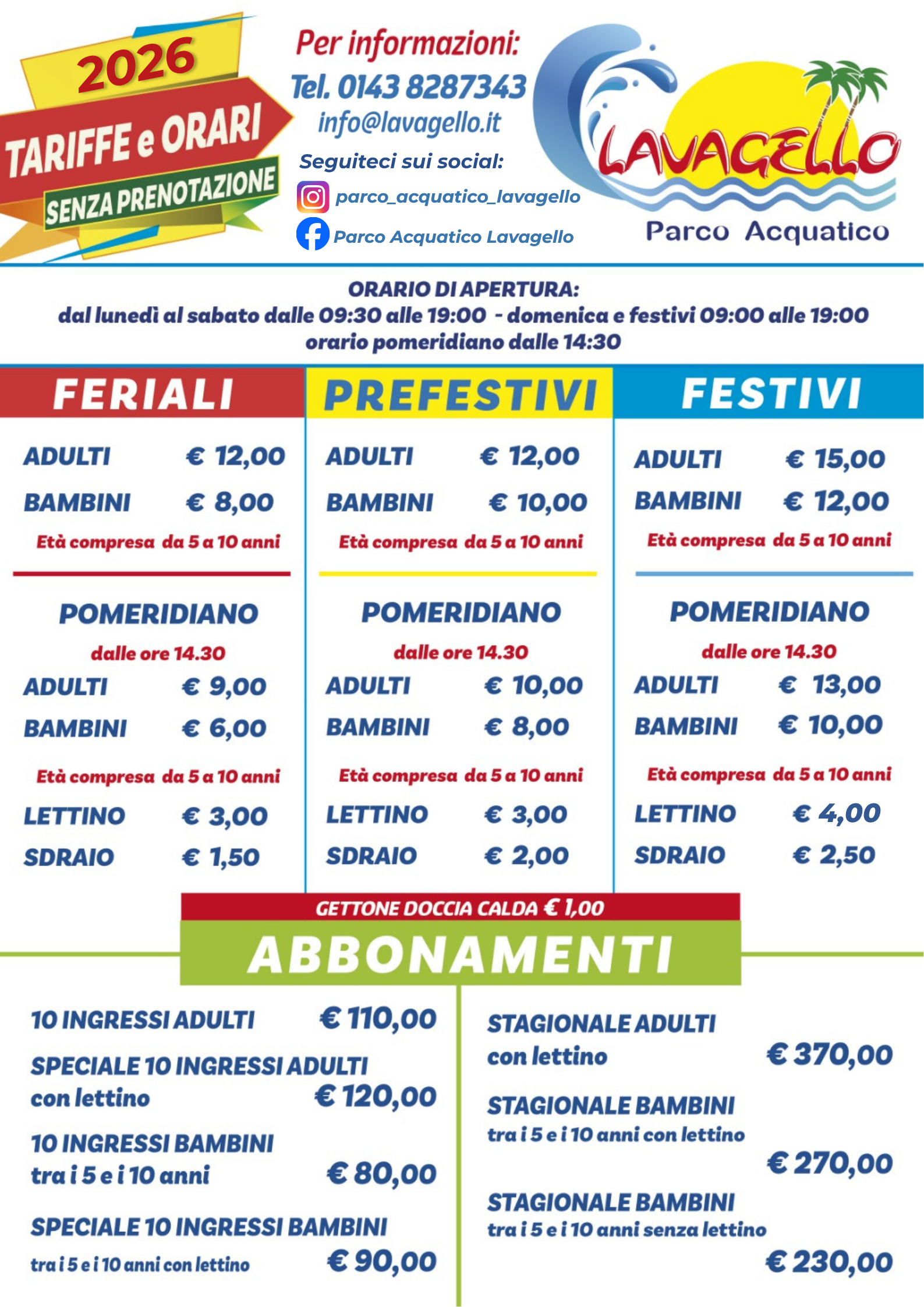 Cartellone tariffe Parco Acquatico Lavagello